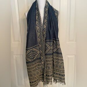 Natura Scarf Blue and Beige Aztec Denim look Patterned Scarf Wrap With Fringe